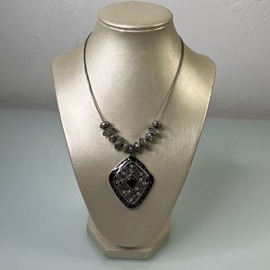 Chico’s Antique silver color large Enamel & Crystals Statement pendant necklace